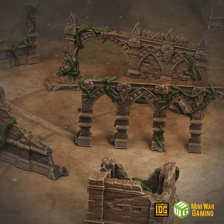 Set of Ancient Stone Columns and Arches in Jungle Temple Ruins